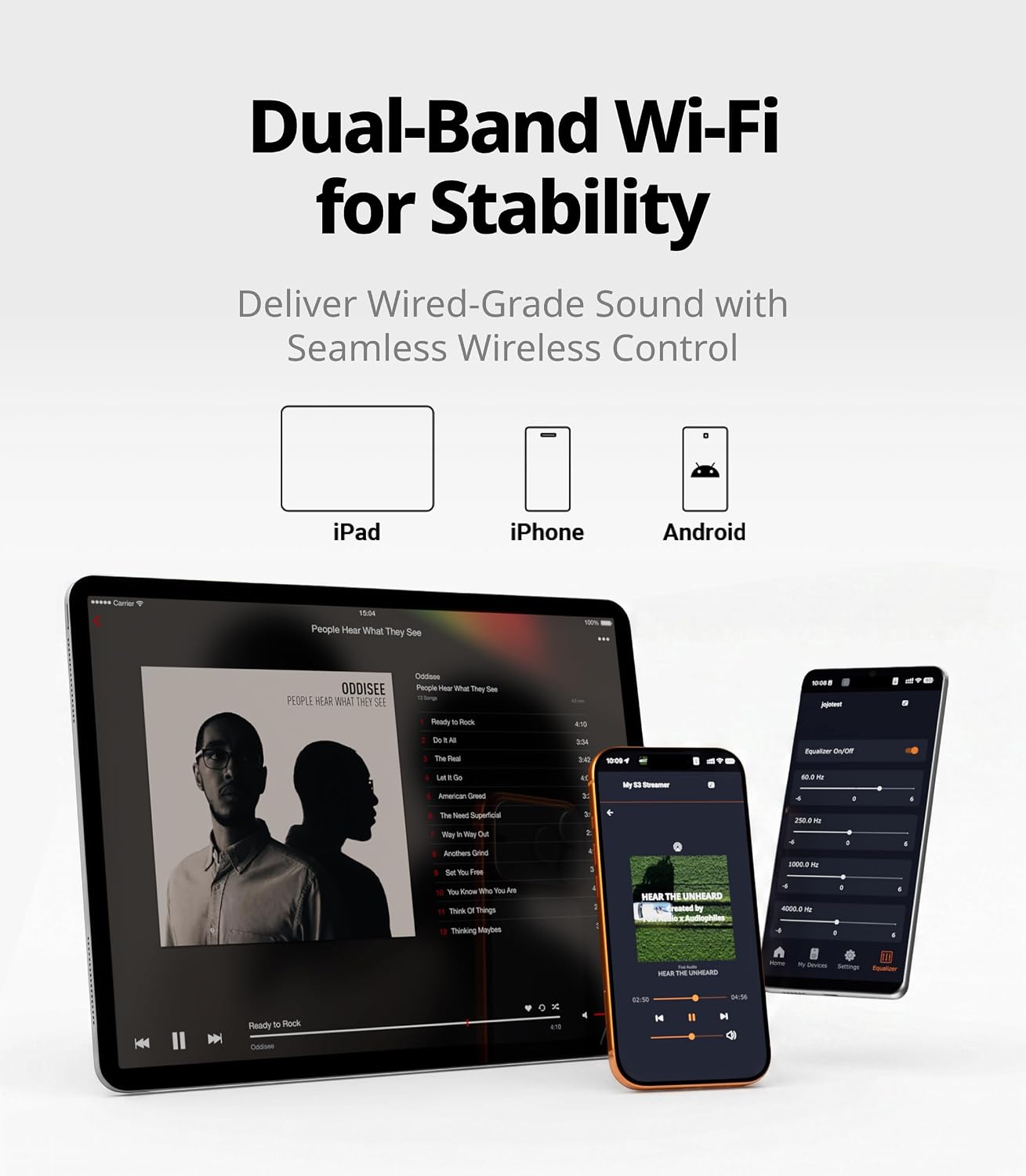 Fosi Audio S3 controlled from the app on iPad, iPhone and Android showing now-playing and a 5-band equalizer over dual-band Wi-Fi