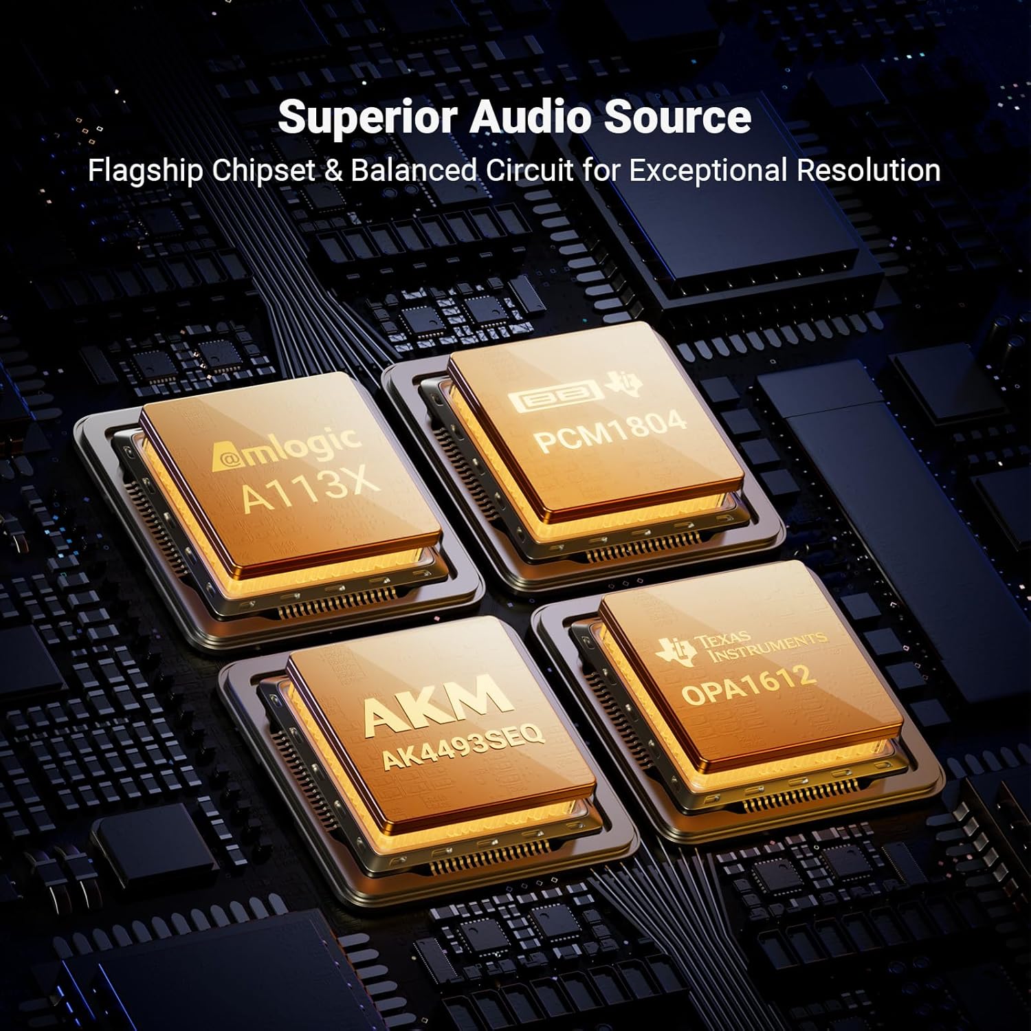 Fosi Audio S3 flagship chipset close-up showing AKM AK4493SEQ DAC, Amlogic A113X, PCM1804 ADC and Texas Instruments OPA1612 op-amps