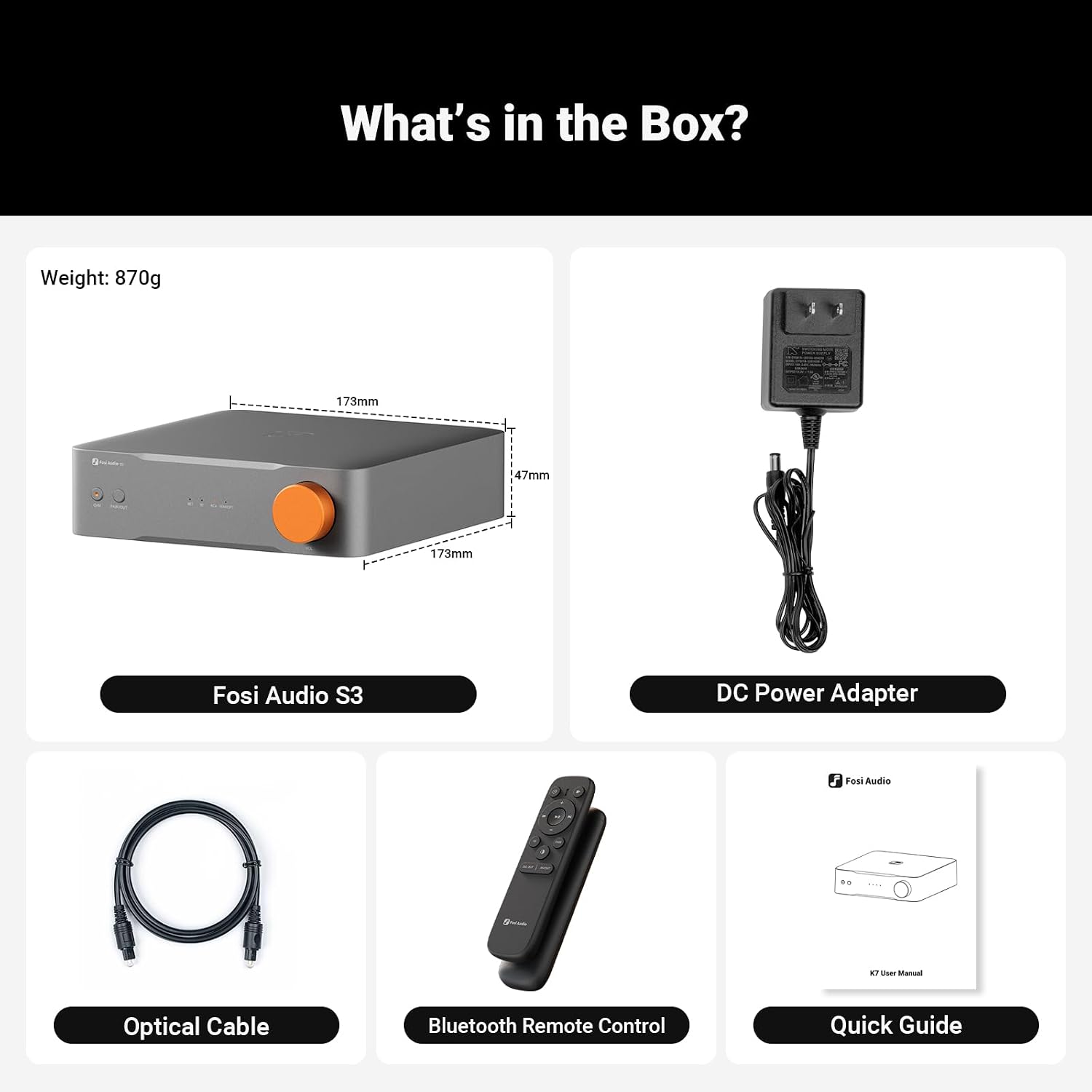 Fosi Audio S3 what is in the box — the streamer unit (173x173x47mm, 870g), DC power adapter, optical cable, Bluetooth remote control and quick start guide