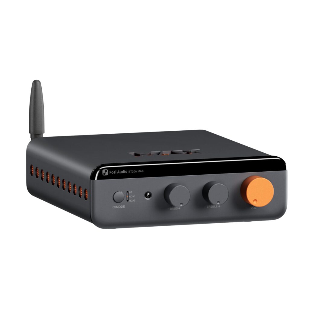 Fosi Audio BT20A MAX compact black stereo amplifier with bass, treble and orange volume knobs and a Bluetooth antenna