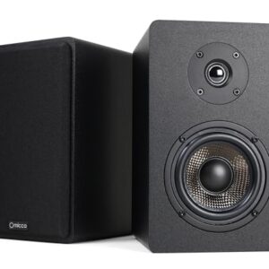 Micca MB42X G2 Premium 2-Way Passive Bookshelf Speakers stereo pair (black) with 4-inch woven carbon-fiber woofer and 0.75-inch silk-dome tweeter — front view