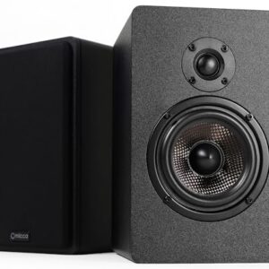 Micca MB42X Advanced 2-Way Passive Bookshelf Speaker - grille off view showing 4-inch carbon-fiber woofer and 0.75-inch silk-dome tweeter drivers - view 5