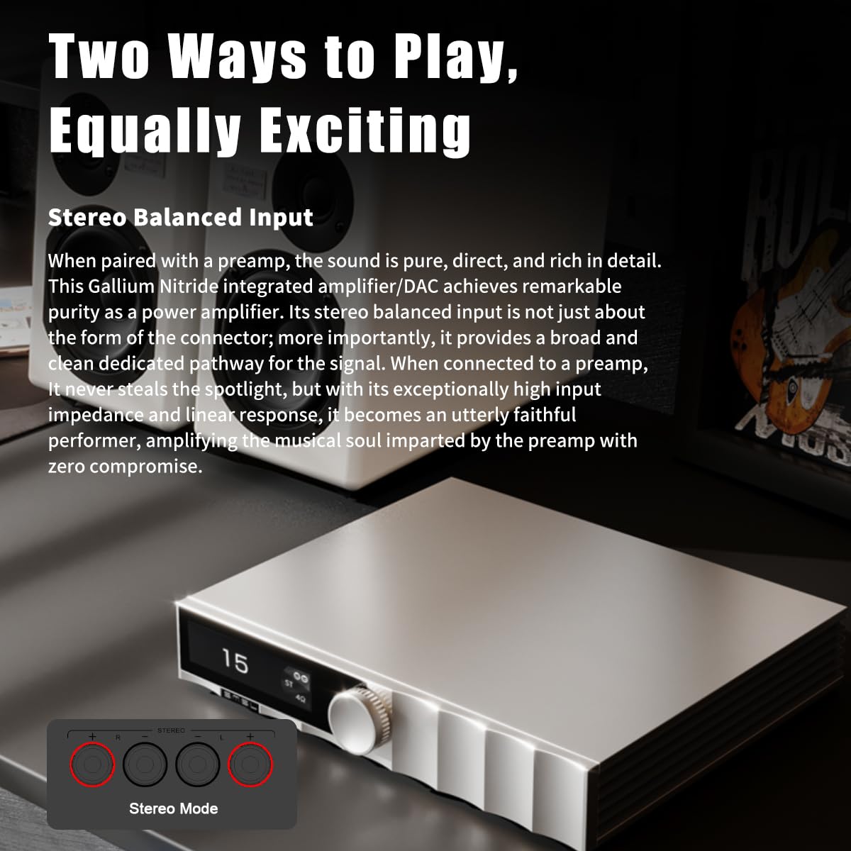 SMSL PA400 GaN amplifier in desktop Hi-Fi rack lifestyle setup