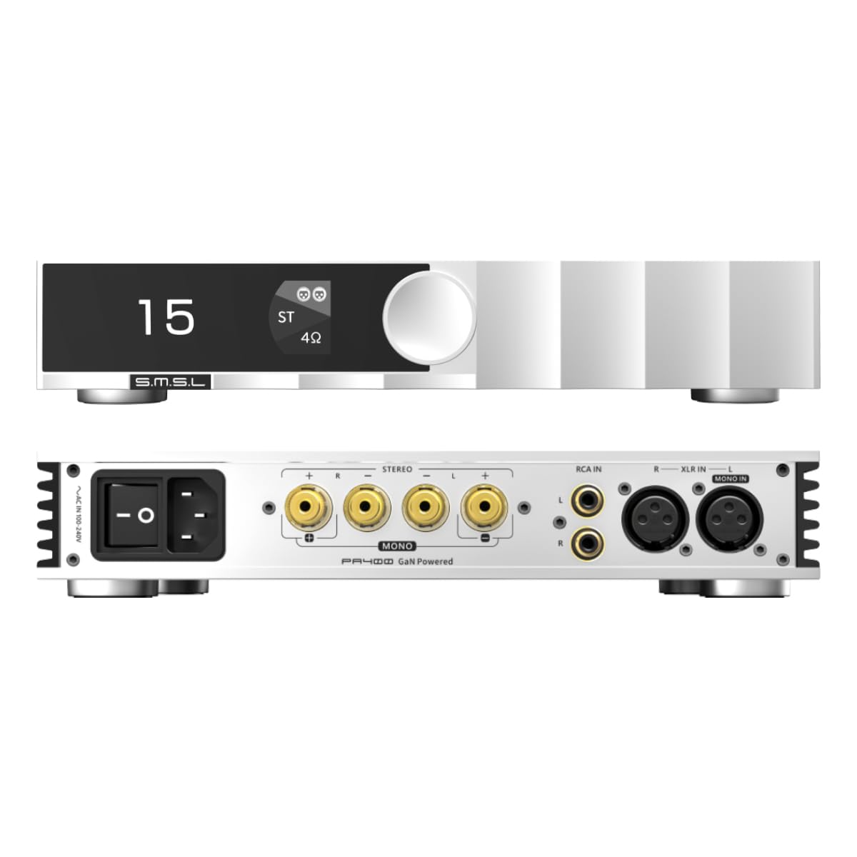 SMSL PA400 GaN HiFi class-D power amplifier front panel — Gallium Nitride output stage