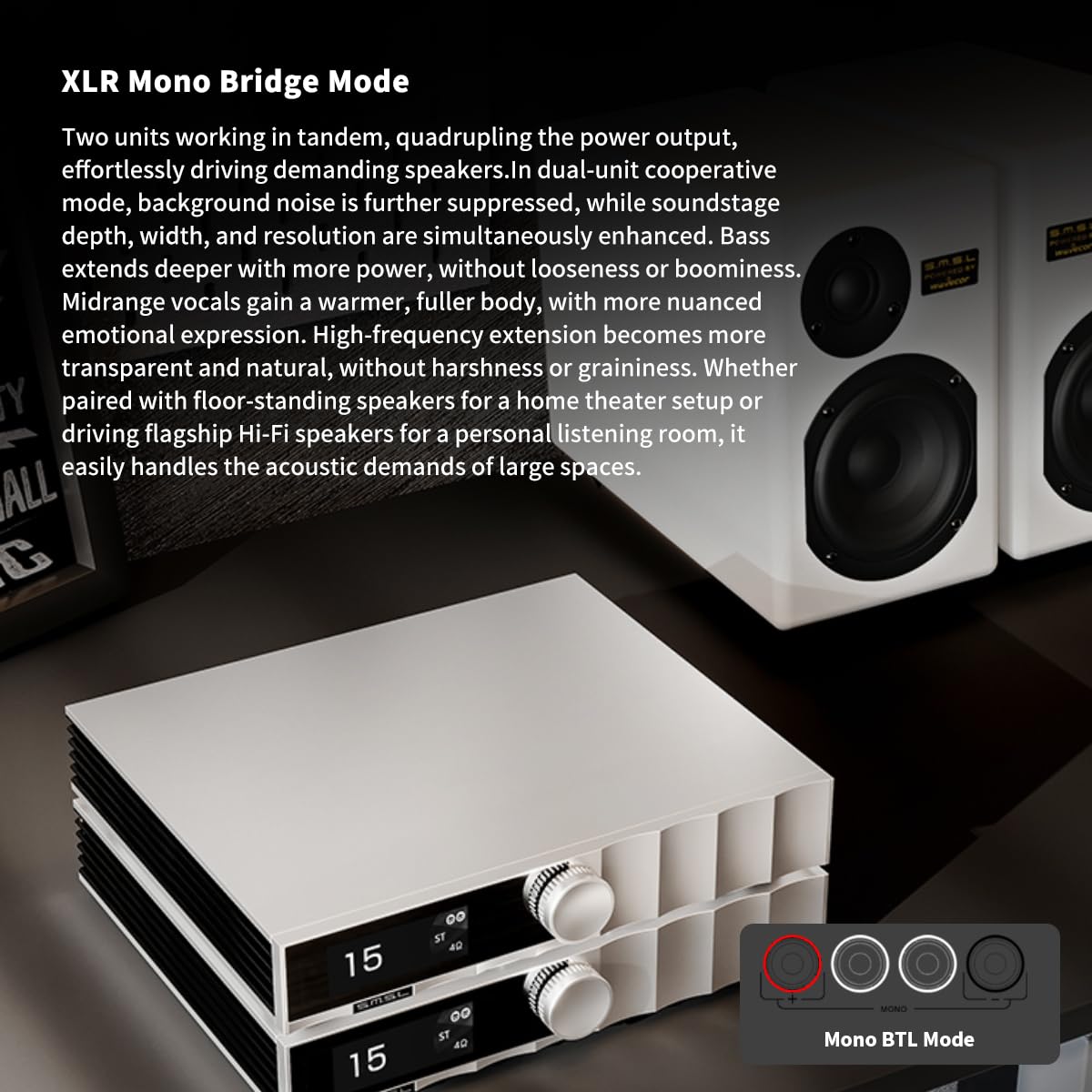 SMSL PA400 speaker binding posts detail — accepts banana plugs and spades