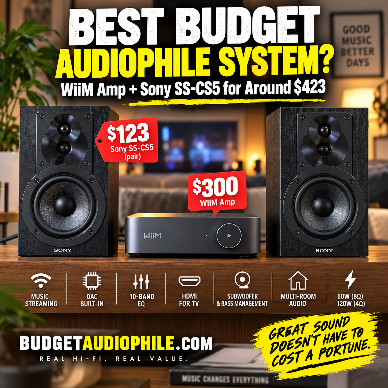 WiiM Amp with Sony SS-CS5 bookshelf speakers — best budget audiophile Hi-Fi system under $500