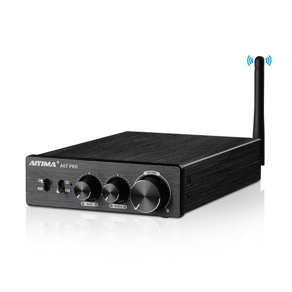 AIYIMA A07 Pro Bluetooth 5.2 TPA3255 stereo amplifier with antenna, bass, treble and volume knobs