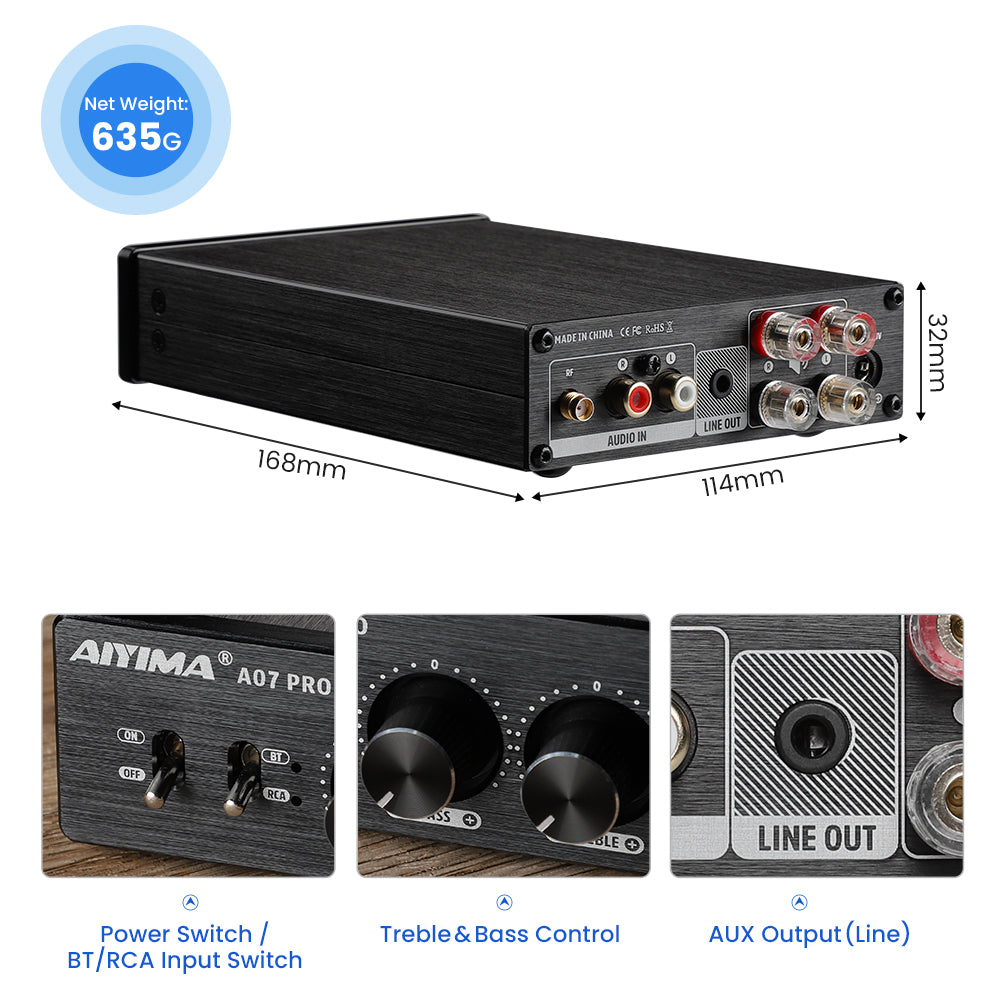 AIYIMA A07 Pro size and weight: 168 mm by 114 mm by 32 mm, 635 g, with the power and input switches, tone controls and line out - view 3