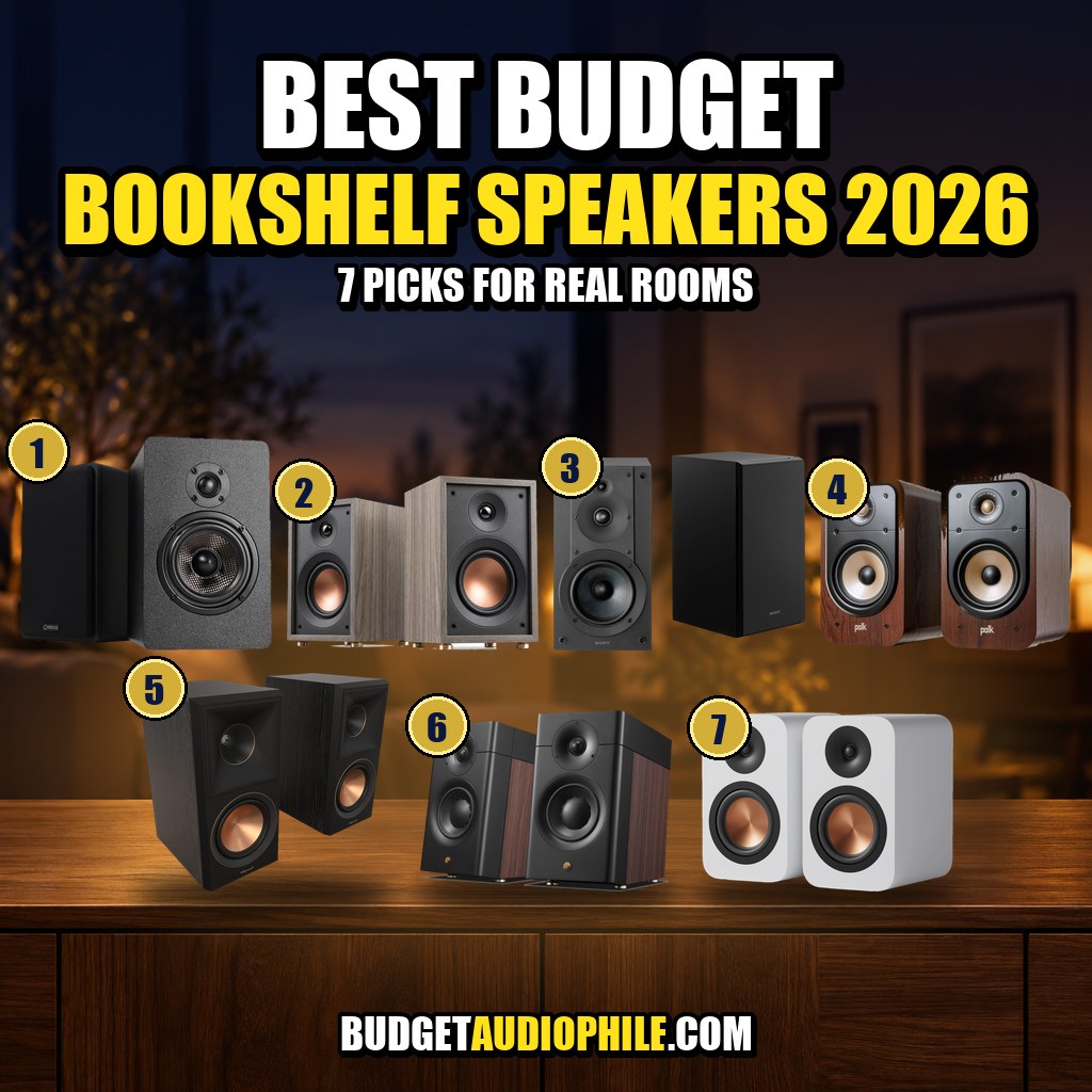 Seven budget bookshelf speaker pairs numbered 1 to 7: best picks of 2026