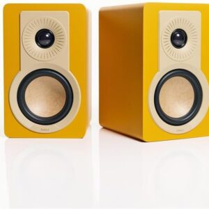 DALI KUPID Golden Yellow compact bookshelf speakers pair, front view