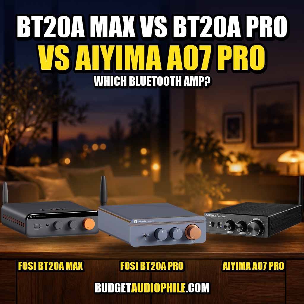 Three Bluetooth stereo amplifiers side by side: Fosi Audio BT20A Max, Fosi Audio BT20A Pro and AIYIMA A07 Pro