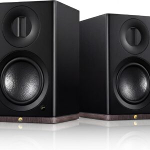 HiVi-Swans Dazzle Prime active bookshelf speakers, black pair with ribbon tweeter and 6.5-inch woofer, front view