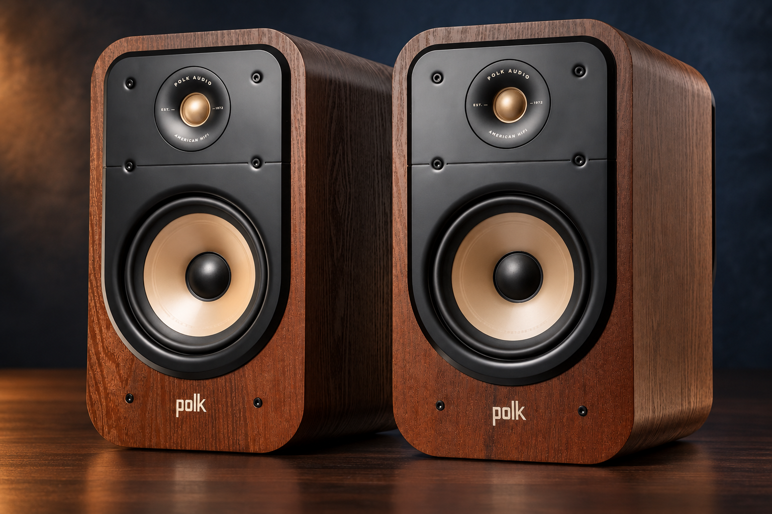 Polk Signature Elite ES20 Walnut speaker pair on a dark styled background