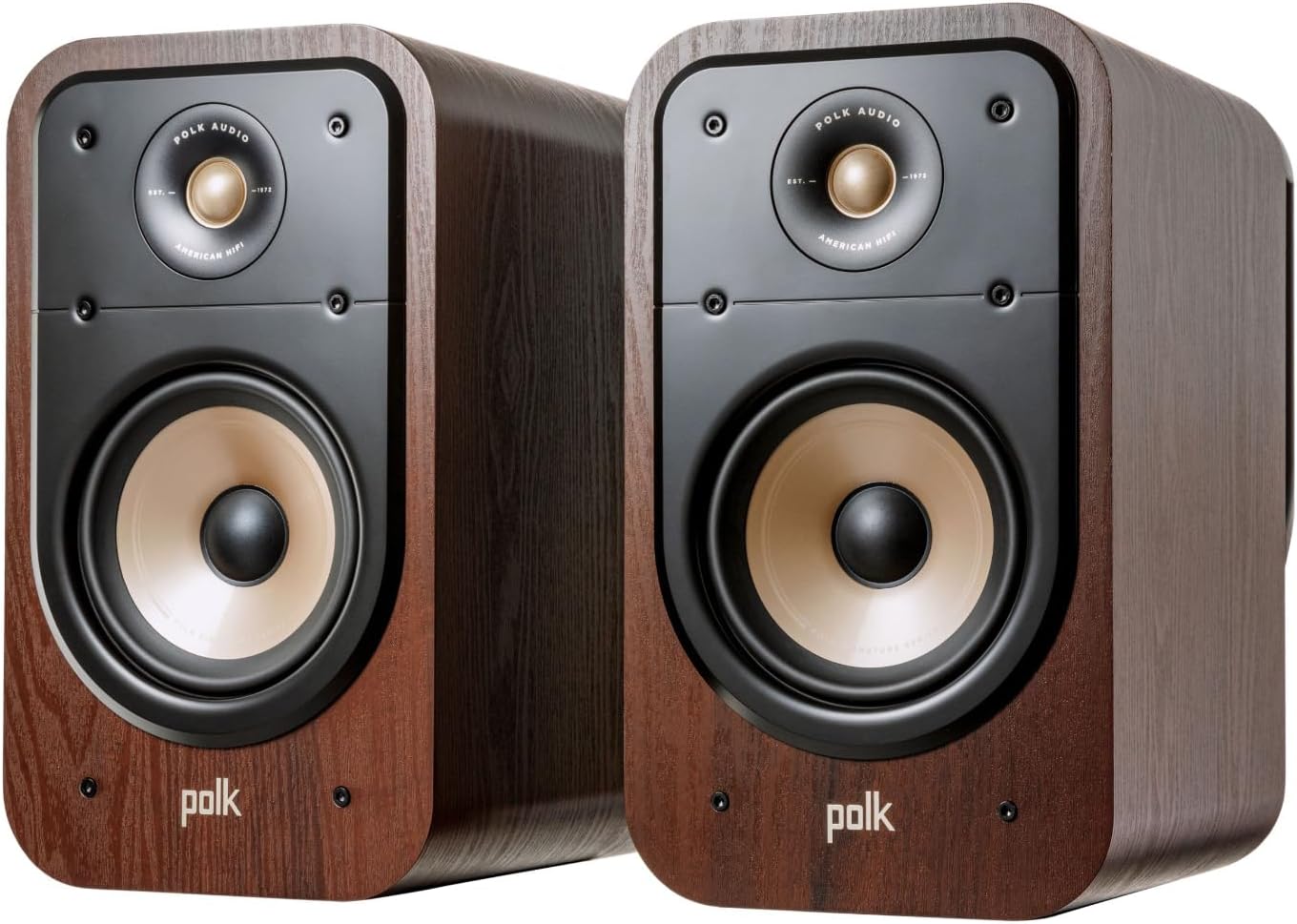 Polk Signature Elite ES20 Walnut speaker pair front view with grilles removed